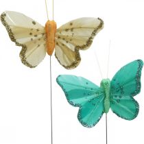 Butterfly with glitter, deco plugs, feather butterfly spring yellow, turquoise, green 4×6.5cm 24pcs