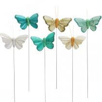 Butterfly with glitter, deco plugs, feather butterfly spring yellow, turquoise, green 4×6.5cm 24pcs