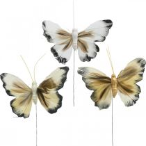 Deco butterfly, spring decoration, moth on wire brown, yellow, white 6×9cm 12pcs