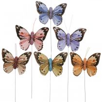 Feather butterflies, decorative butterflies on a stick, flower plugs pink, orange, violet, brown, blue, beige 6×8cm 12pcs