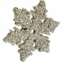 Product Snowflake wood 4cm light gold with glitter 72 pcs