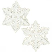 Product Snowflakes wood 4cm white with glitter 72 pcs
