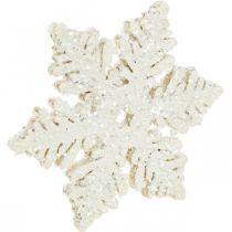 Product Snowflakes wood 4cm white with glitter 72 pcs