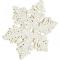 Product Snowflakes wood 4cm white with mica 72pcs