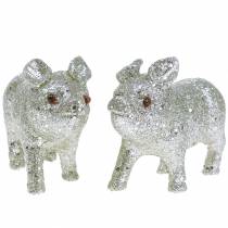 Deco Pig Glitter Silver 10cm 8pcs