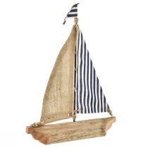 Sailboat decoration ship with blue and white sail and jute H42cm