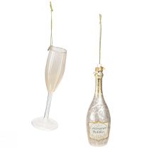 Product Champagne bottle and glass, tree decorations, anniversary, glass decorations to hang, New Year&#39;s Eve H14.5cm real glass set of 2