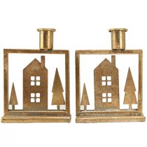 Product Candle holder Christmas house antique gold look 10×6×14cm 2pcs