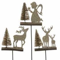 Deco plug reindeer and angel with fir tree gold glitter wood H45cm 3pcs