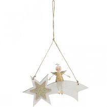 Product Angel on shooting star, Christmas decoration to hang, Advent White, Golden H13cm W21.5cm 2pcs