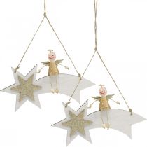 Angel on shooting star, Christmas decoration to hang, Advent White, Golden H13cm W21.5cm 2pcs