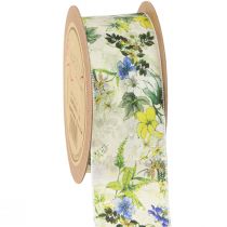 Product Fabric Ribbon with Flowers Decorative Ribbon Green Blue Yellow 40mm 15m