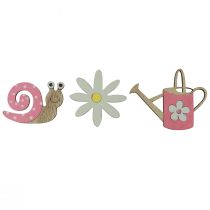Product Scatter decoration wooden flowers snails watering can pink 4cm 36pcs