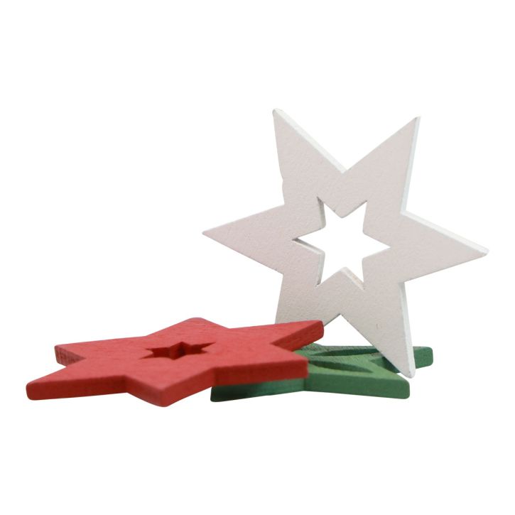 Scatter decoration Christmas wooden stars red/white/green Ø3.5cm 72pcs