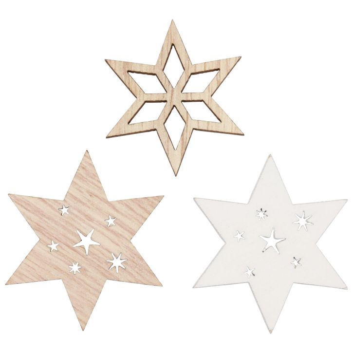 Product Christmas decoration wooden stars white/natural Ø4cm 72 pcs