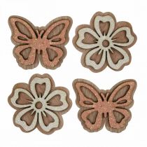 Product Scatter decoration wood flowers/butterflies white/pink Ø4cm 36p