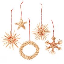 Product Straw stars Christmas tree decorations straw natural red Ø4-6cm 17 pcs