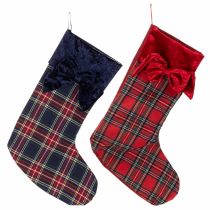 Product Set of 2 Plaid Christmas Stockings with Velvet Bows, 43 x 30 cm, Red and Blue Hanging Decorations