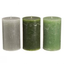 Product Pillar candles dyed 3 colours green 70×120mm 12 pcs