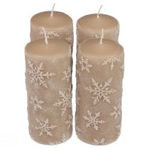 Pillar candles beige candles snowflakes 150/65mm 4pcs