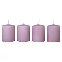 Product Pillar candles lilac grooved candles decoration 70/90mm 4pcs