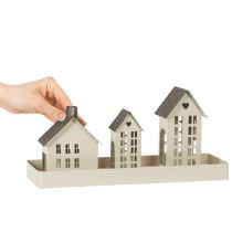 Product Metal Lantern House Set with Tray, 35cm, Grey