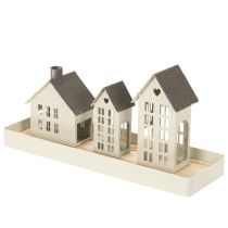 Product Lighthouse Set Metal Three Houses on Tray 35cm Grey