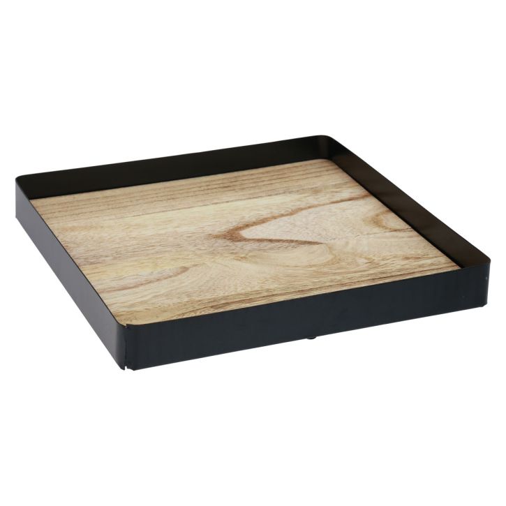Decorative tray metal wood square natural black 25.5×25.5×4cm