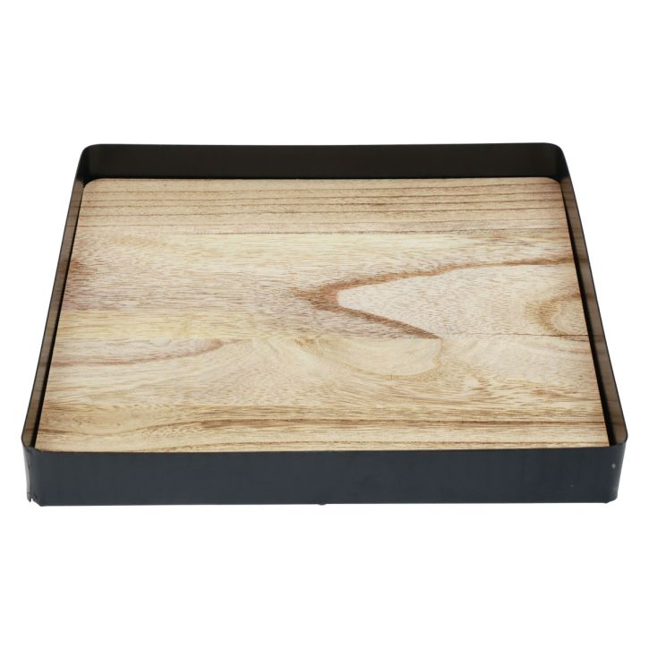 Decorative tray metal wood square natural black 25.5×25.5×4cm