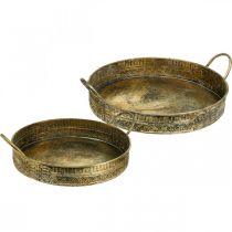 Decorative bowl with handles, patterned plant tray, golden metal vessel, antique look, W45.5 / 42cm, Ø39.5 / 34cm, set of 2