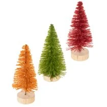Product Artificial Mini Christmas Trees with Wooden Base, Set of 6, 16cm, Green, Red, Orange