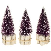 Product Decorative Christmas tree in purple with snow tip on a rustic wooden base 15cm 3 pieces.