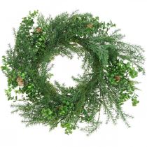 Decorative wreath with coniferous branches, cones and boxwood green 60cm