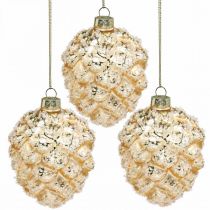 Product Cones for hanging, tree decorations, snow-covered deco cones Golden H9.5cm Ø8cm real glass 3pcs