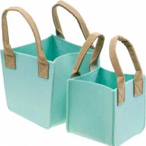 Decorative planter, felt mint green, felt basket with handles, felt decoration, set of 2