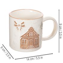 Product Ceramic Mug with House Design and Relief Pattern, 9cm, Beige and White