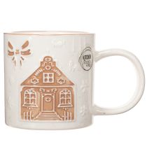 Product Ceramic Mug with House Design and Relief Pattern, 9cm, Beige and White