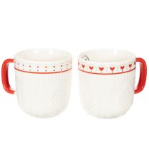 Product Set of 2 Ceramic Mugs with Red Handles, Knitted Pattern, and Heart Decoration, 9cm