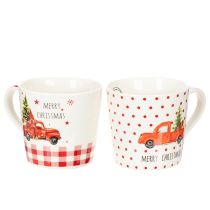 Product Christmas Ceramic Mugs with Red Car and Tree Design, White and Red, 10cm, Set of 2