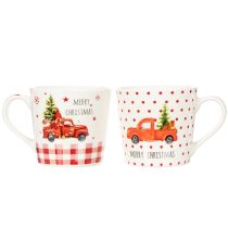 Product Set of 2 Christmas Ceramic Mugs with Red Car and Tree Design, 10cm