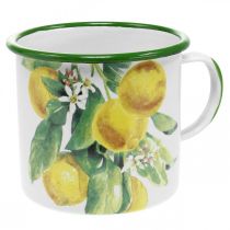 Enamel planter cup, decorative cup with lemon branch, Mediterranean planter Ø9.5cm H10cm