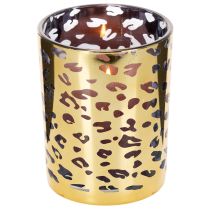 Product Glass tealight holder with leopard print for table decoration, 12cm