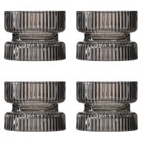 Product Tealight holder glass decoration ribbed grey tinted Ø9cm H7cm 4 pcs