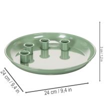 Product **Green Metal Advent Wreath Plate with Four Candle Holders 24 cm**
```html
<h2>Green Metal Advent Wreath Plate for Seasonal Candle Displays</h2>
<p>
This green metal advent wreath plate features four integrated candle holders, perfect for taper candles