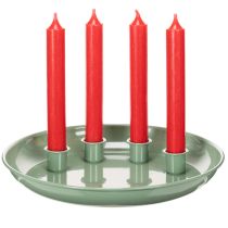 Product **Green Metal Advent Wreath Plate with Four Candle Holders 24 cm**
```html
<h2>Green Metal Advent Wreath Plate for Seasonal Candle Displays</h2>
<p>
This green metal advent wreath plate features four integrated candle holders, perfect for taper candles