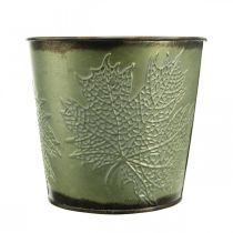 Product Planter for autumn, planter with leaf decoration, metal bucket green Ø14cm H12.5cm
