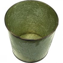 Product Planter for autumn, planter with leaf decoration, metal bucket green Ø14cm H12.5cm