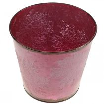 Product Planter, metal bucket with leaves, autumn decoration wine red Ø18cm H17cm