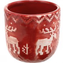 Product Ceramic decoration with reindeer, Advent decoration, planter with Norwegian pattern red / white Ø7.5cm H7cm 6pcs