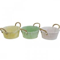 Product Metal plant bowl, flower bowl, plant pot with handles pink/green/yellow shabby chic Ø22cm H9.5cm set of 3